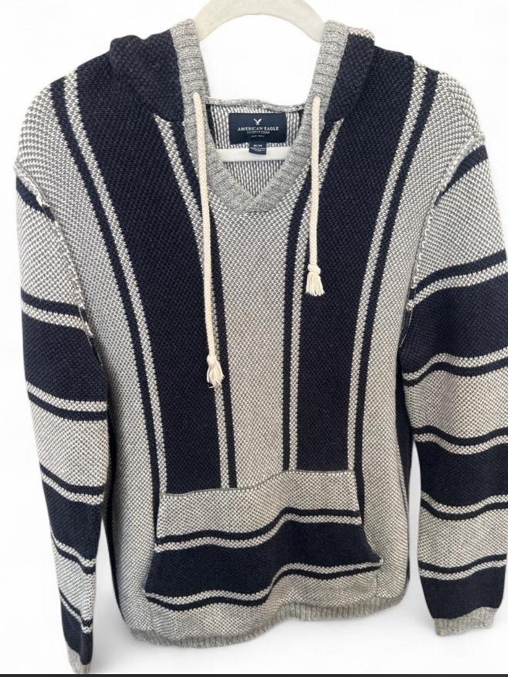 American Eagle Outfitters Navy and Cream Striped Crewneck Sweater